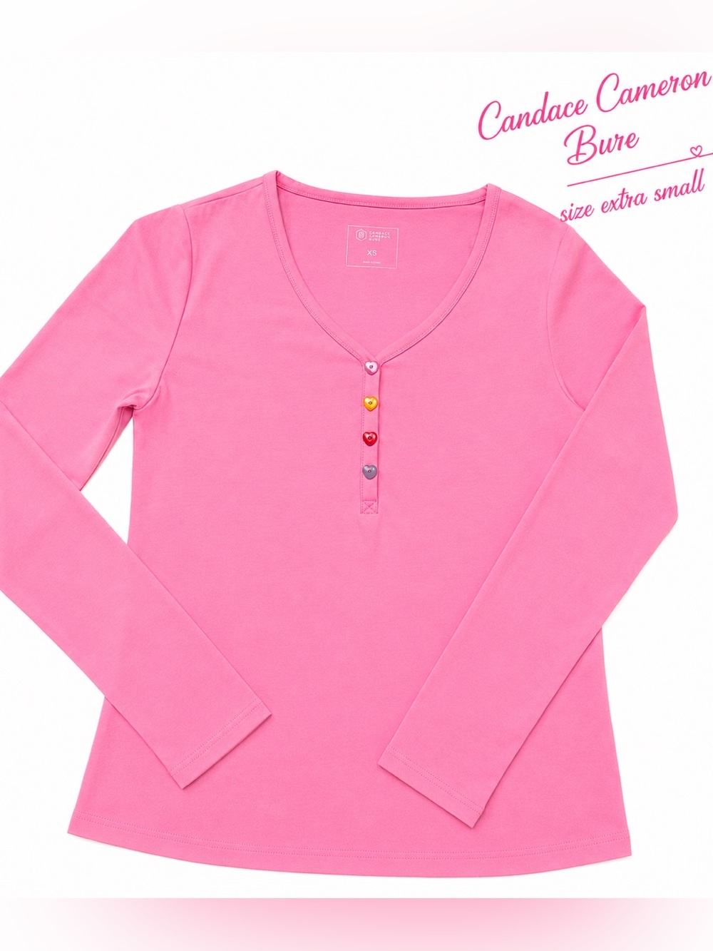 Candace Cameron Bure Long-Sleeve V-Neck Henley Electric Pink size XS